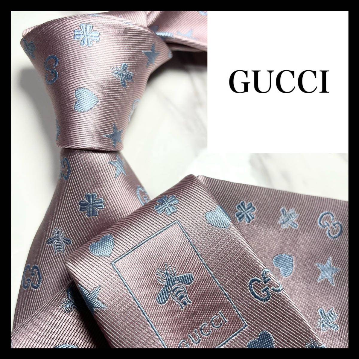 極美品 ネクタイ GUCCI 現行 蜂 bee GG柄 星 ハート クローバー シルク100% ピンク シルバー