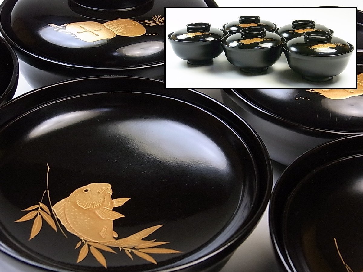 江戸中期～の名家蔵出し品 ⑰ 天然木 漆塗 本金蒔絵 鯛・貝 吉祥紋 吸物椀 五客 時代箱付 検） 江戸時代 漆器 椀 木製 茶道具 美術品 骨董