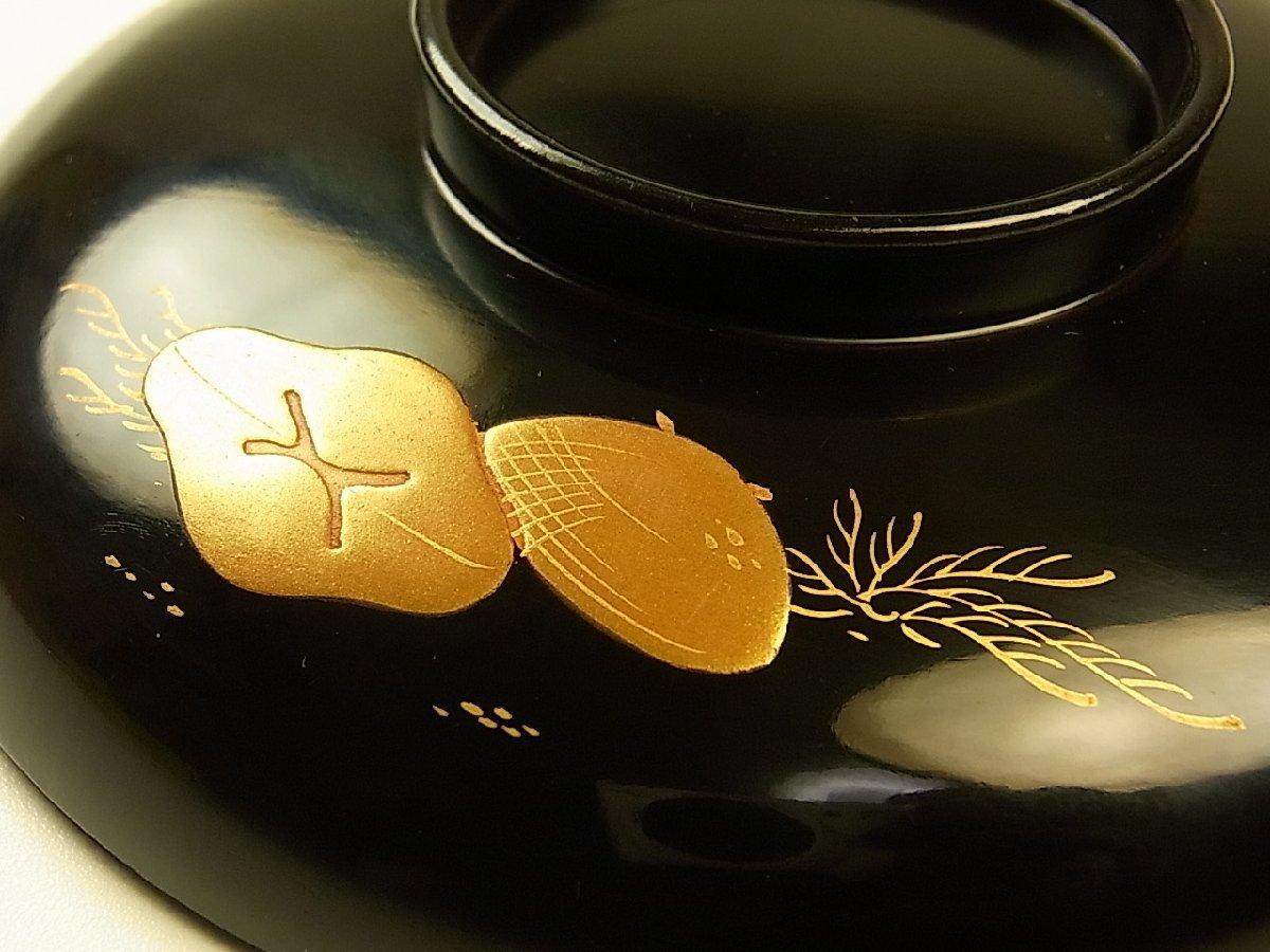 嘉永年間骨董】鳳凰金蒔絵黒漆塗漆器蓋茶碗時代物五客