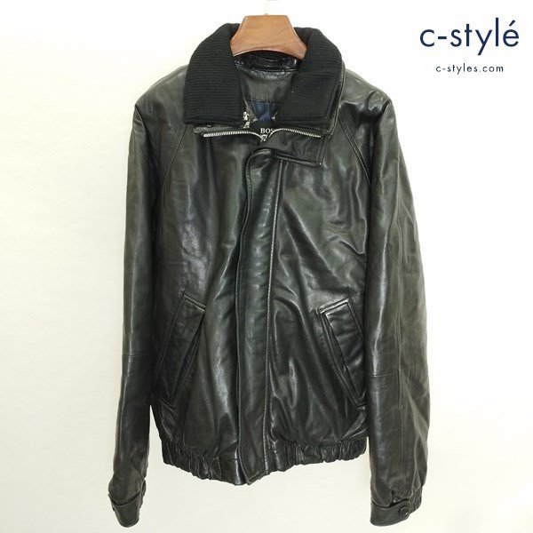 K944c [秋冬][人気] HUGO BOSS ヒューゴボス ラムレザージャケット 50 ブラック 長袖 羊革 | アウター R