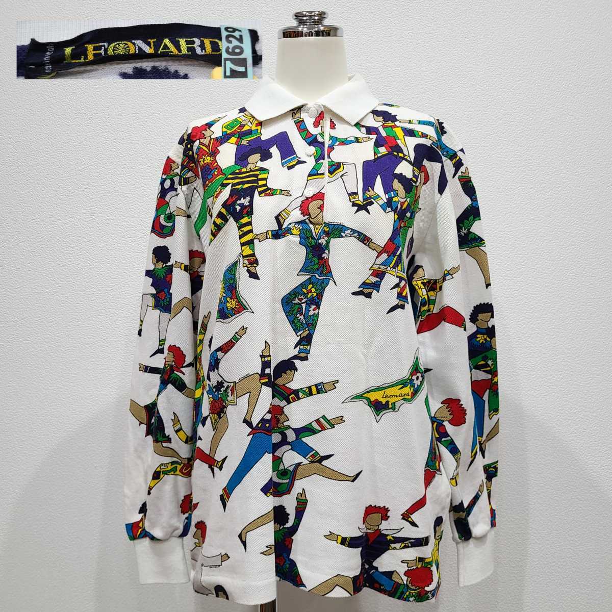 17☆100円～ LEONARD レオナール 総柄 長袖 ポロシャツ レディース イタリア製 綿100％ クリーニング済み 着丈62cm 現状品