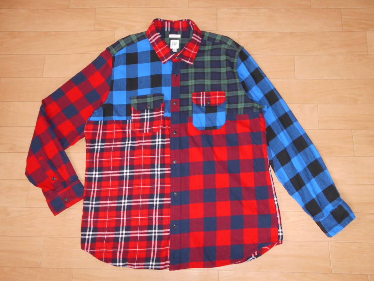 ☆GAP/オールドギャップ　長袖ネルシャツ　クレイジーパターン/タータンブロックチェック柄　ビッグサイズXL 状態良好！切替パッチワーク