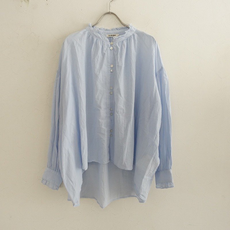 【2022/定価1.6万】ツムグ tumugu*ふわふわローンギャザーフリルブラウス*Fコットン綿ライトブルートップス(1-2301-179)【02A32】