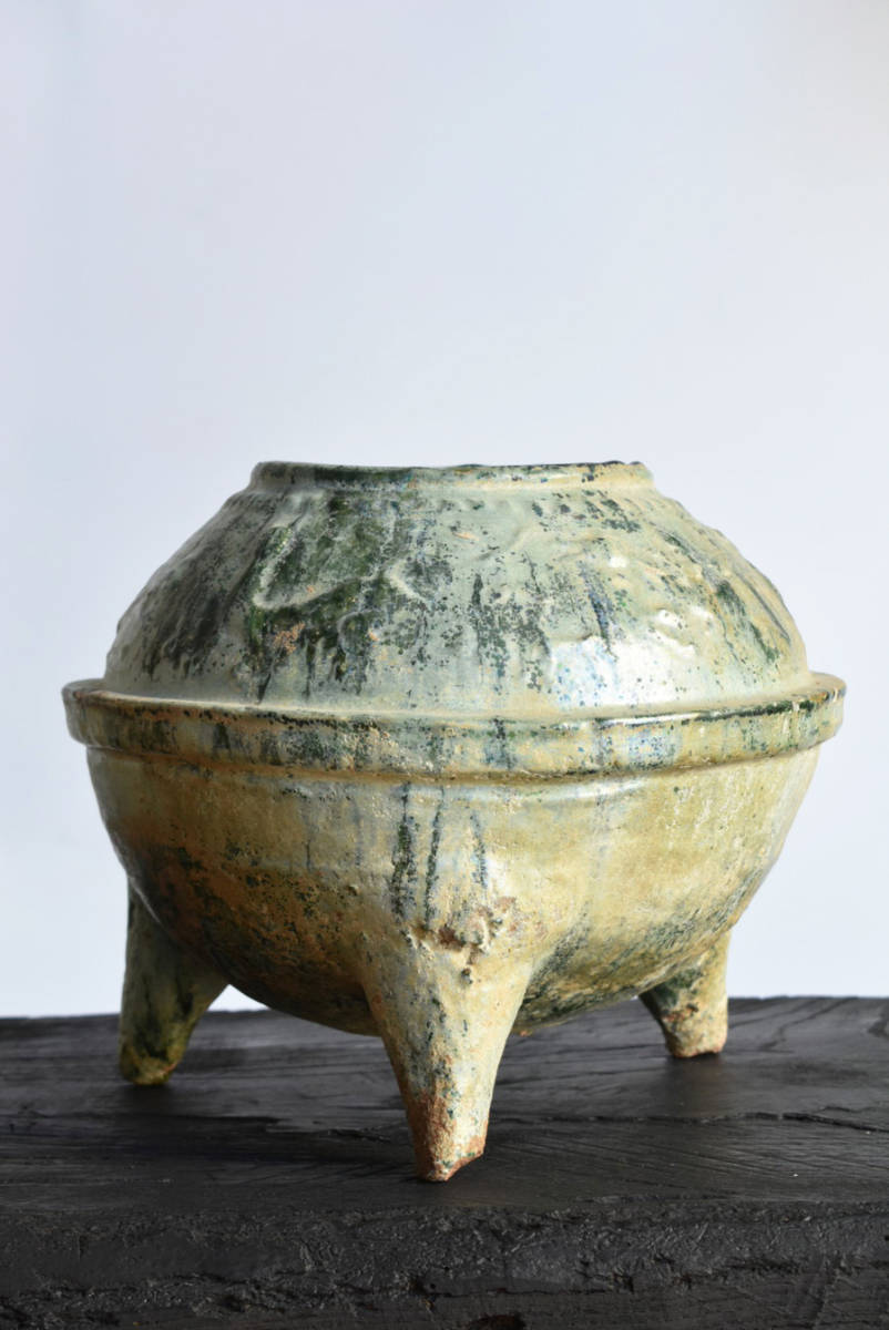 漢時代 緑釉三足壺】獣足 発掘 唐物 中国古玩骨董 検：緑釉奩三足穀倉