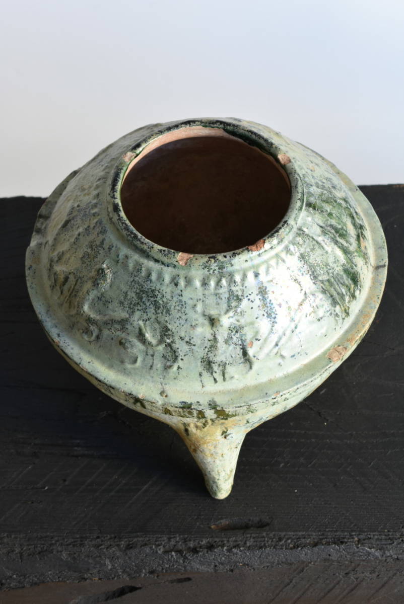 漢時代 緑釉三足壺】獣足 発掘 唐物 中国古玩骨董 検：緑釉奩三足穀倉