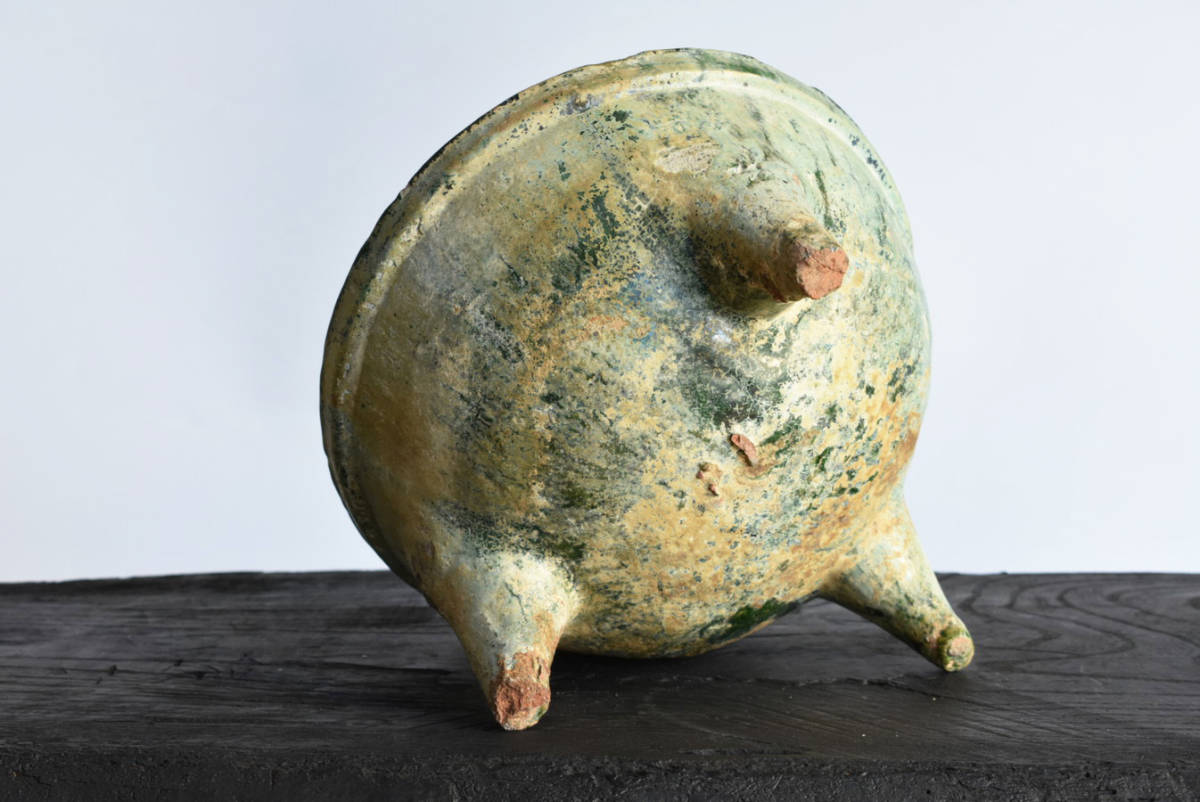 漢時代 緑釉三足壺】獣足 発掘 唐物 中国古玩骨董 検：緑釉奩三足穀倉