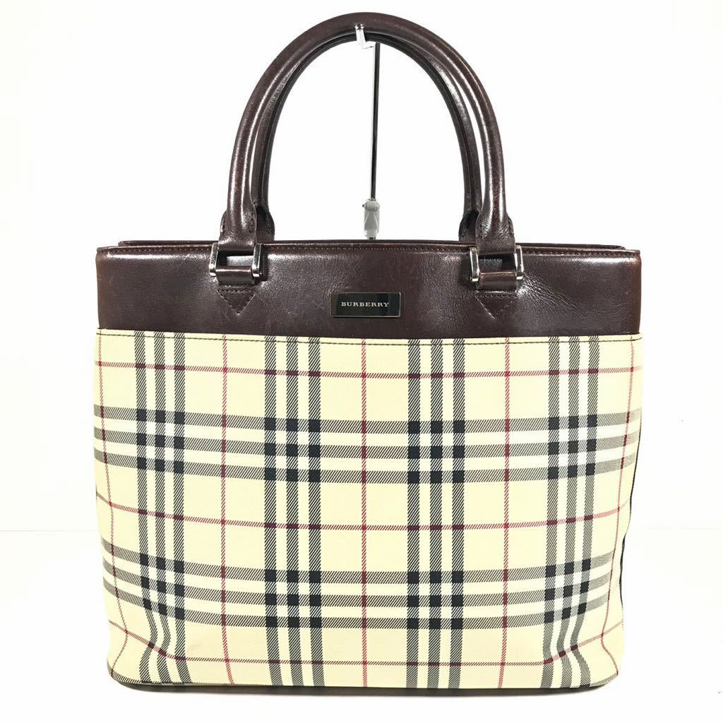 【バーバリー】本物 BURBERRY トートバッグ ノバチェック柄 ハンドバッグ レザー×キャンバス系 女性用 レディース