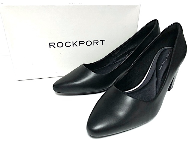 二点落札で送料無料！ 2A51 極美品 Rockport ロックポート パンプス チャンキーヒール 黒 ブラック 本革 US8 25cm 冠婚葬祭 フォーマル