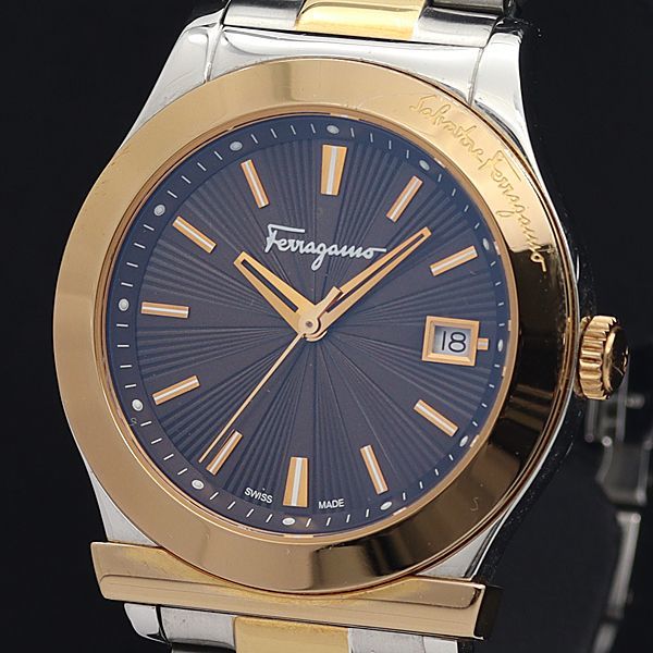 1円 稼働 良品 箱/袋付 サルバトーレフェラガモ QZ FF3 デイト ラウンド ブラウン系文字盤 メンズ腕時計 7142100▽