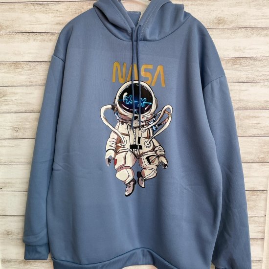 メンズ 宇宙服プリントパーカー オーバーサイズパーカー ブルー(XL 