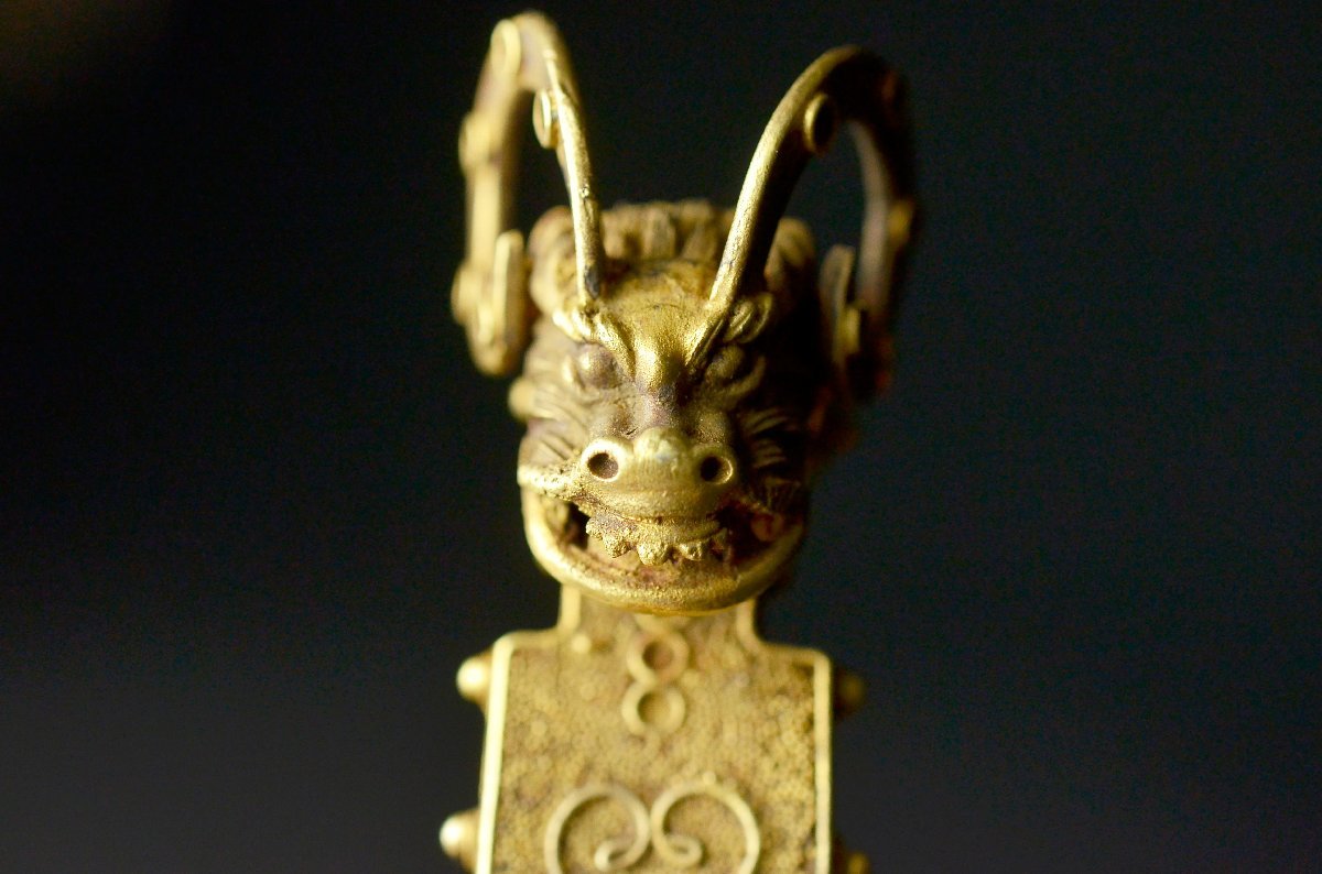 蒐集家委託品】鍍金金粒龍紋帯鈎 ☆中国古美術古美術古玩骨董23OD05