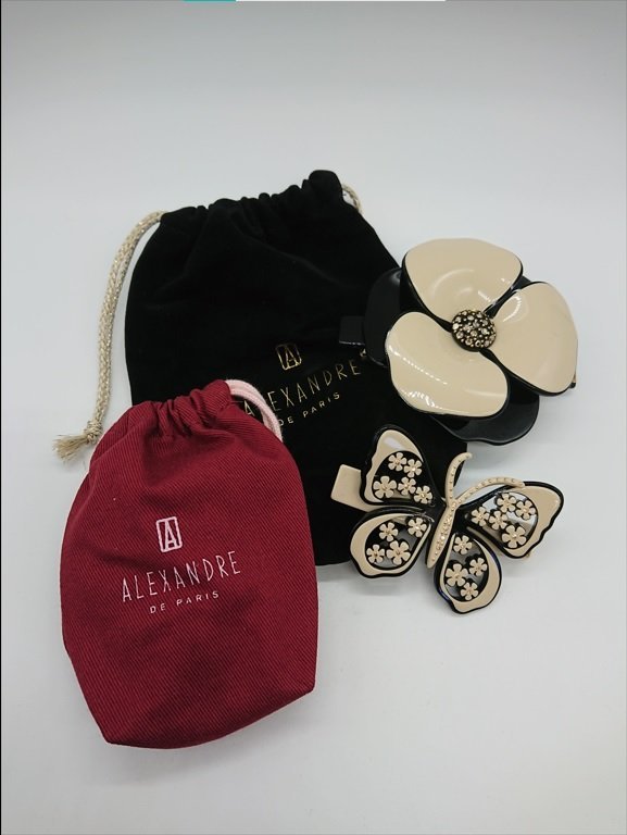 ALEXANDRE DE PARIS アレクサンドル ドゥ パリ カメリア バタフライ スワロフスキー ブラック×ベージュ バレッタ キングラム[fnk]