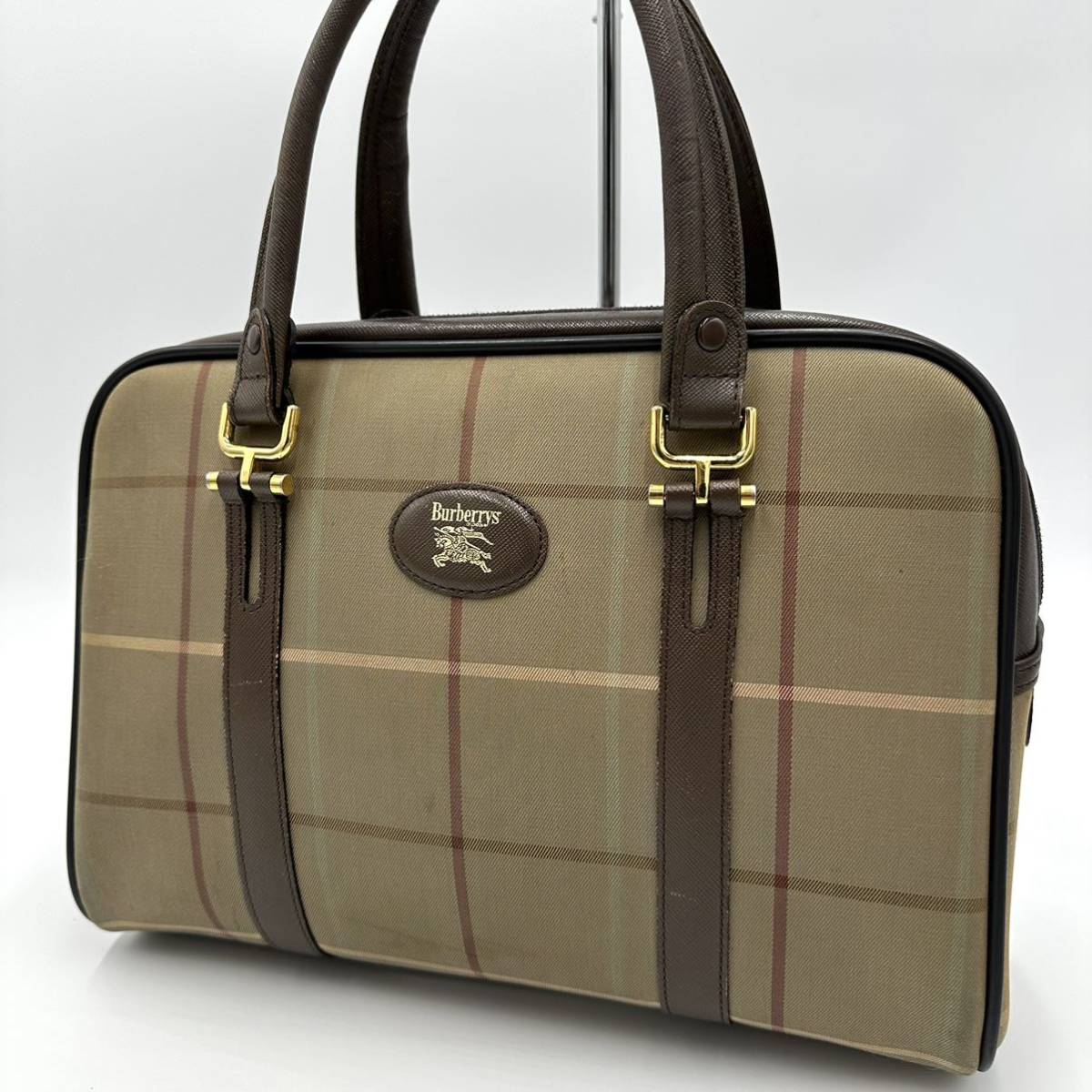 1円【希少】BURBERRY バーバリー ハンドバッグ トートバッグ ミニボストンバッグ ノバチェック ペンチェック キャンバス レザー 