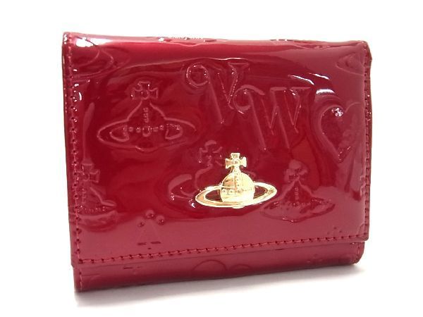 1円■美品■Vivienne Westwood ヴィヴィアンウエストウッド オーブ パテントレザー がま口 三つ折り 長財布 ウォレット レッド系 BC0250コN