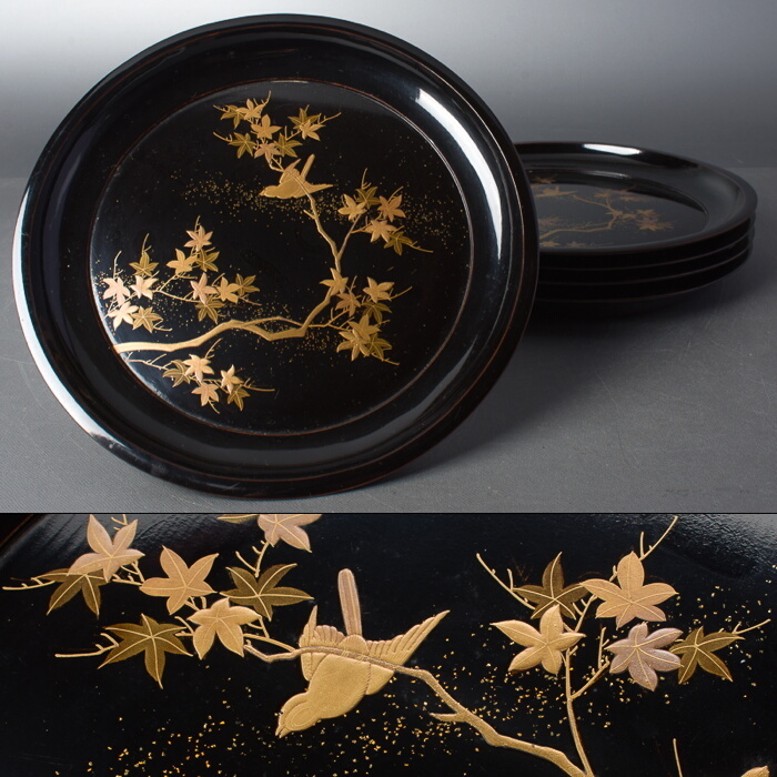 爆買い，格安 【千c147】蒔絵の古い皿 5枚 約23.5cm 鳥と