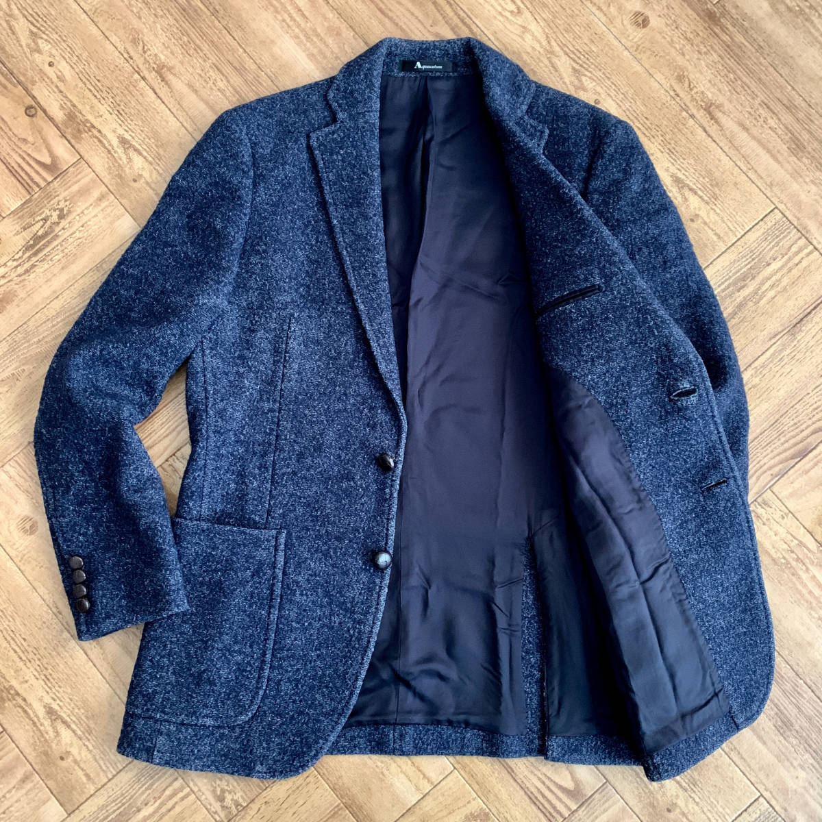 A27『アクアスキュータム Aquascutum』メランジデザイン 羊毛 ウール ツイード テーラードジャケット ブルゾン M ネイビー ブルー 紺 秋冬