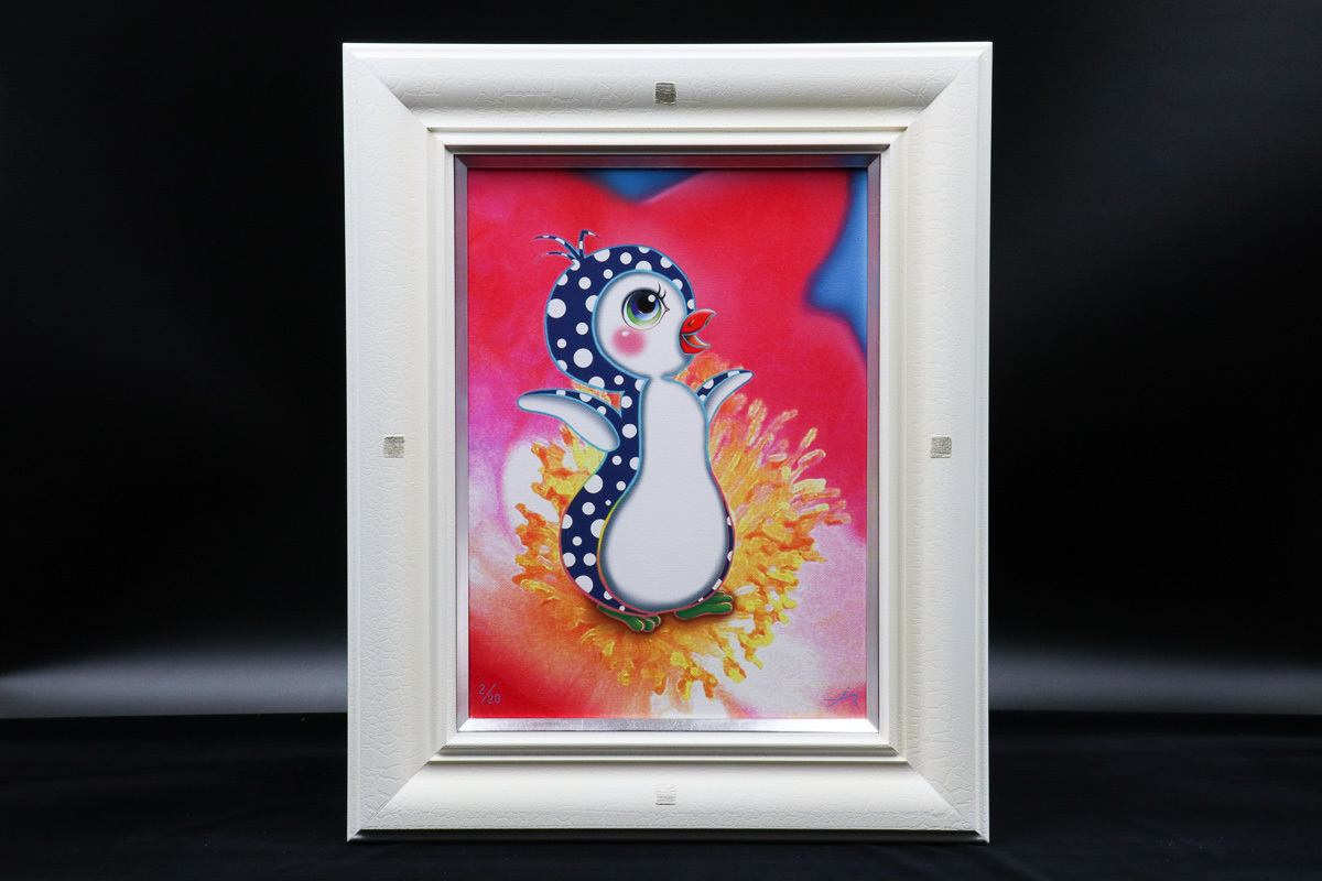 宙】真作保証 竹澤イチロー「花とペンギン」手彩色版画 2/40 F4号