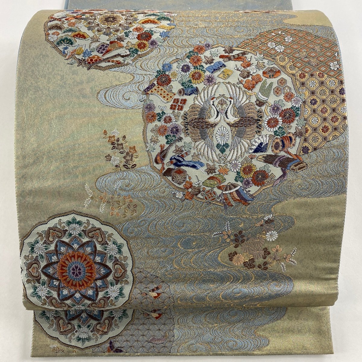 袋帯 秀品 向かい鳥 華文 箔 金糸 青灰色 六通 正絹 【中古】 袋帯 秀