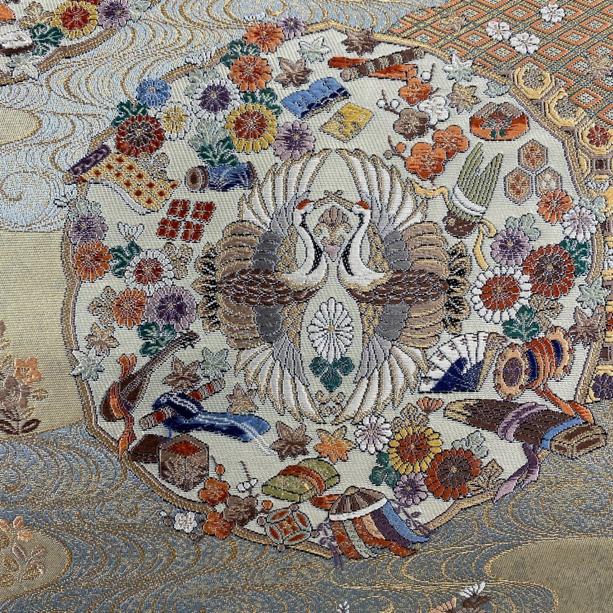 専用帯4059 4502 二点セット●高級 正絹 六通 袋帯 花文 華文 袋帯 秀品 向かい鳥 華文 箔 金糸 青灰色 六通 正絹 【中古】 袋帯 秀