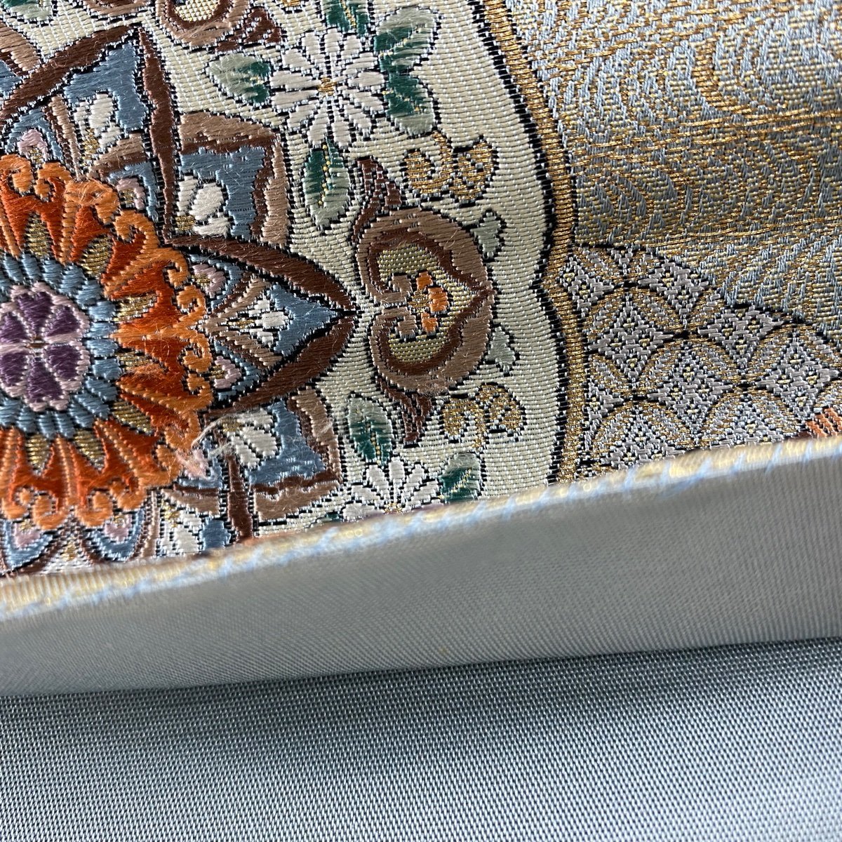 袋帯 秀品 向かい鳥 華文 箔 金糸 青灰色 六通 正絹 【中古】 袋帯 秀