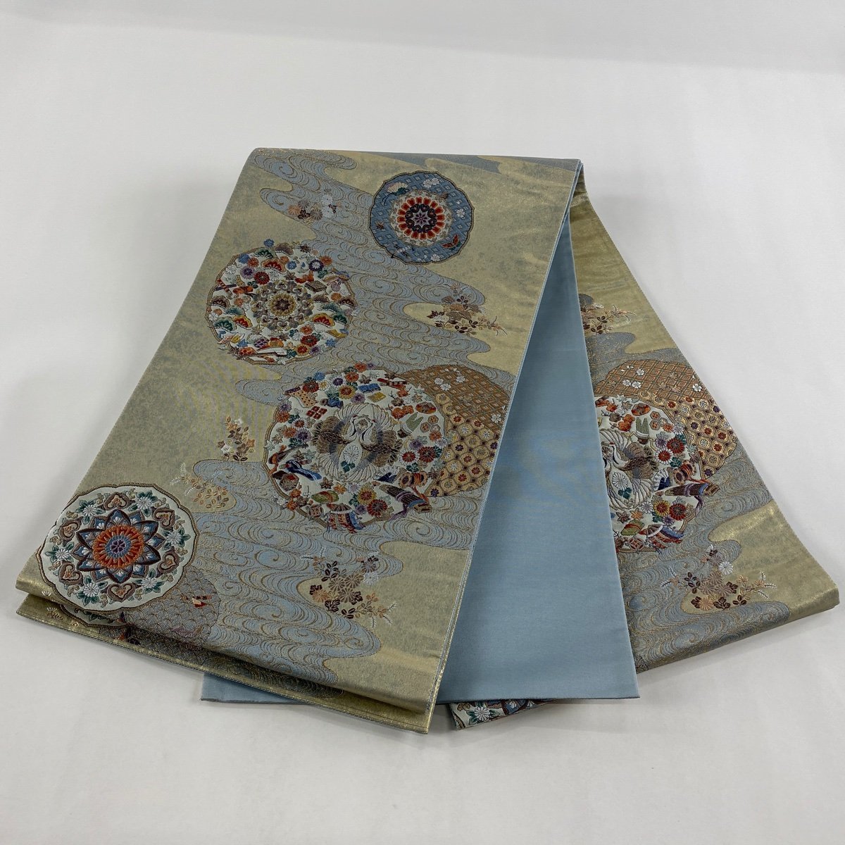 袋帯 秀品 向かい鳥 華文 箔 金糸 青灰色 六通 正絹 【中古】 袋帯 秀