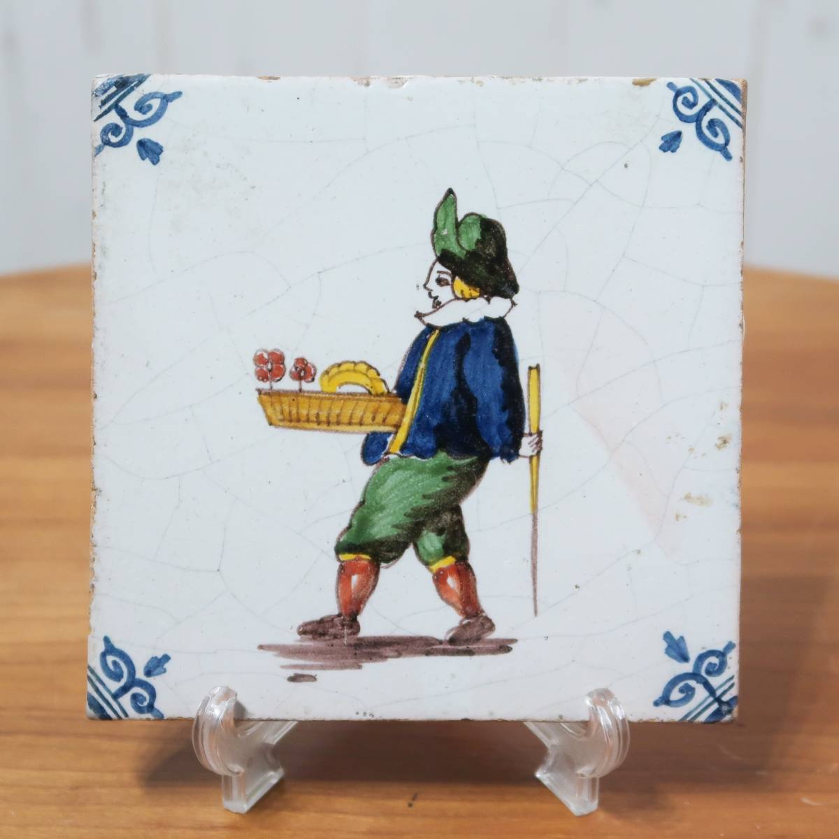 19世紀オランダ デルフトタイル 多彩色『花売り』陶器 ディスプレイ 西洋アンティーク/ビンテージ海外骨董雑貨 オランダフランス394