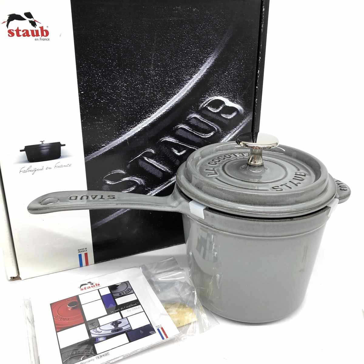 新品同様◆staub ストウブ ソースパン 14㎝◆箱付き 40509-706 グレー 鋳鉄、ホーロー加工 片手鍋 調理器具