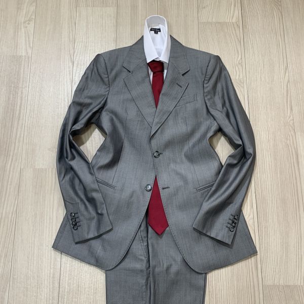 【 高級光沢感 】 アルマーニ　EMPORIO ARMANI　スーツ　48 ( Lサイズ程度) シルク混　グレー　ストライプ　セットアップ　総裏　メンズ