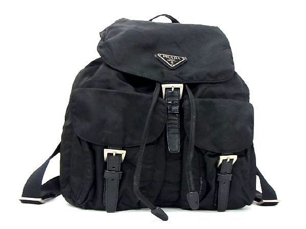 1円 PRADA プラダ テスートナイロン×レザー 巾着型 リュックサック バックパック デイパック レディース ブラック系 AH5861スh