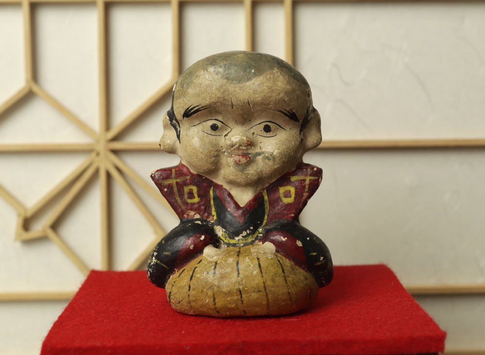 □W-2937□明治～ 時代土人形 豆人形 福助 商売繁盛 縁起人形 招福