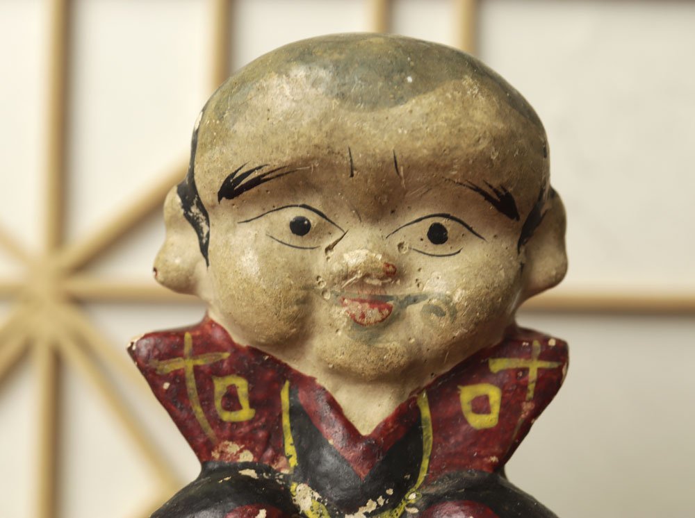 □W-2937□明治～ 時代土人形 豆人形 福助 商売繁盛 縁起人形 招福