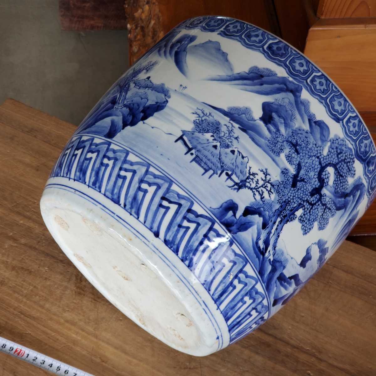 直径30.5cm 陶磁器 伊万有田焼 染付け 唐草 山水絵 火鉢 //検索 古民具 