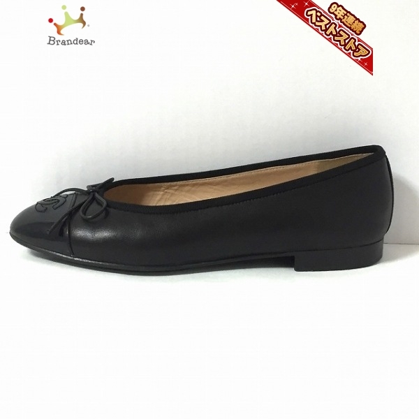 シャネル CHANEL フラットシューズ - レザー×エナメル（レザー） 黒 レディース リボン/ココマーク/アウトソール張替済 靴