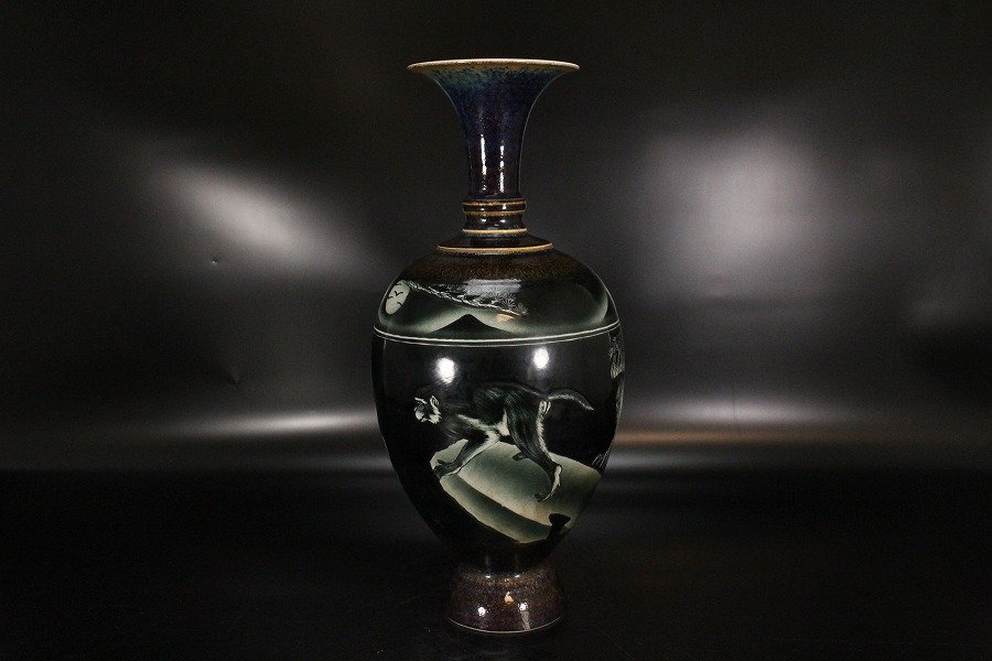 金閣】中国美術 海鼠釉 松猿紋 瓶 高37.5cm 乾隆年製 款 希少 旧家蔵出