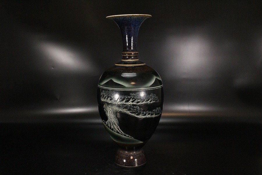 金閣】中国美術 海鼠釉 松猿紋 瓶 高37.5cm 乾隆年製 款 希少 旧家蔵出