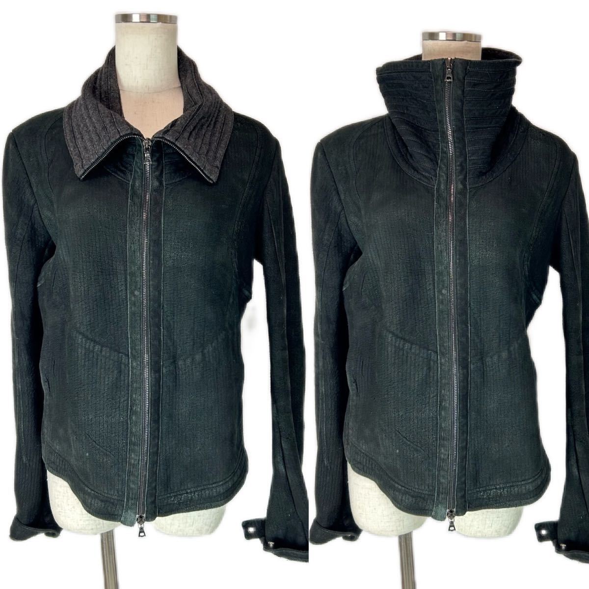u175 ISAAC SELLAM Experience アイザックセラム ラムスキン レザージャケット ジップアップ ニット wool BLACK グレー フランス製 正規品