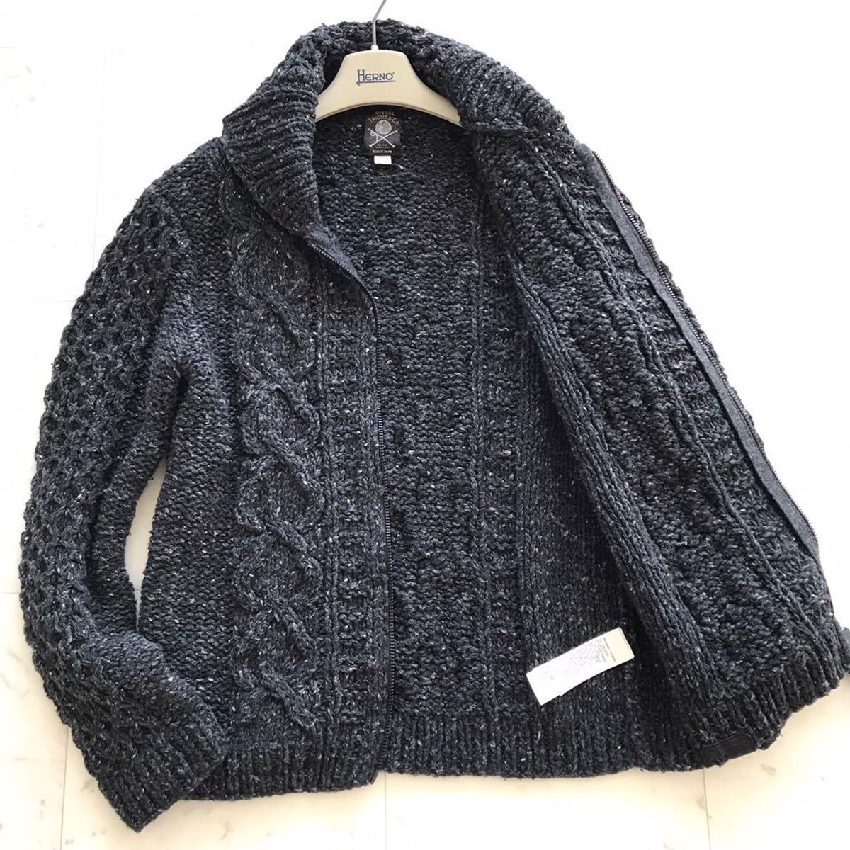 ディーゼル DIESEL ショールカラー ケーブル編み ローゲージ ニット ジャケット Lサイズ ジップアップ メランジ ミックスグレー メンズ