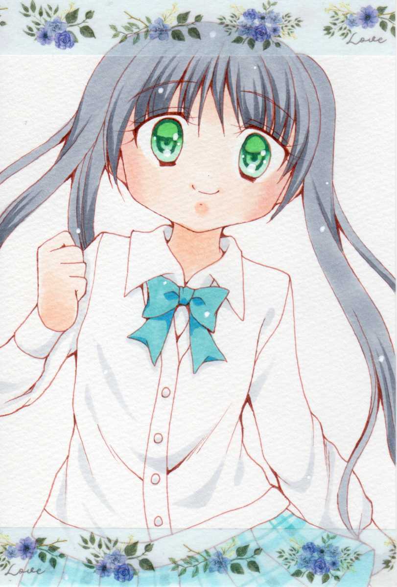 原画+ラフ画 計2枚）手描きイラスト オリジナル 女子高生1 ハガキ