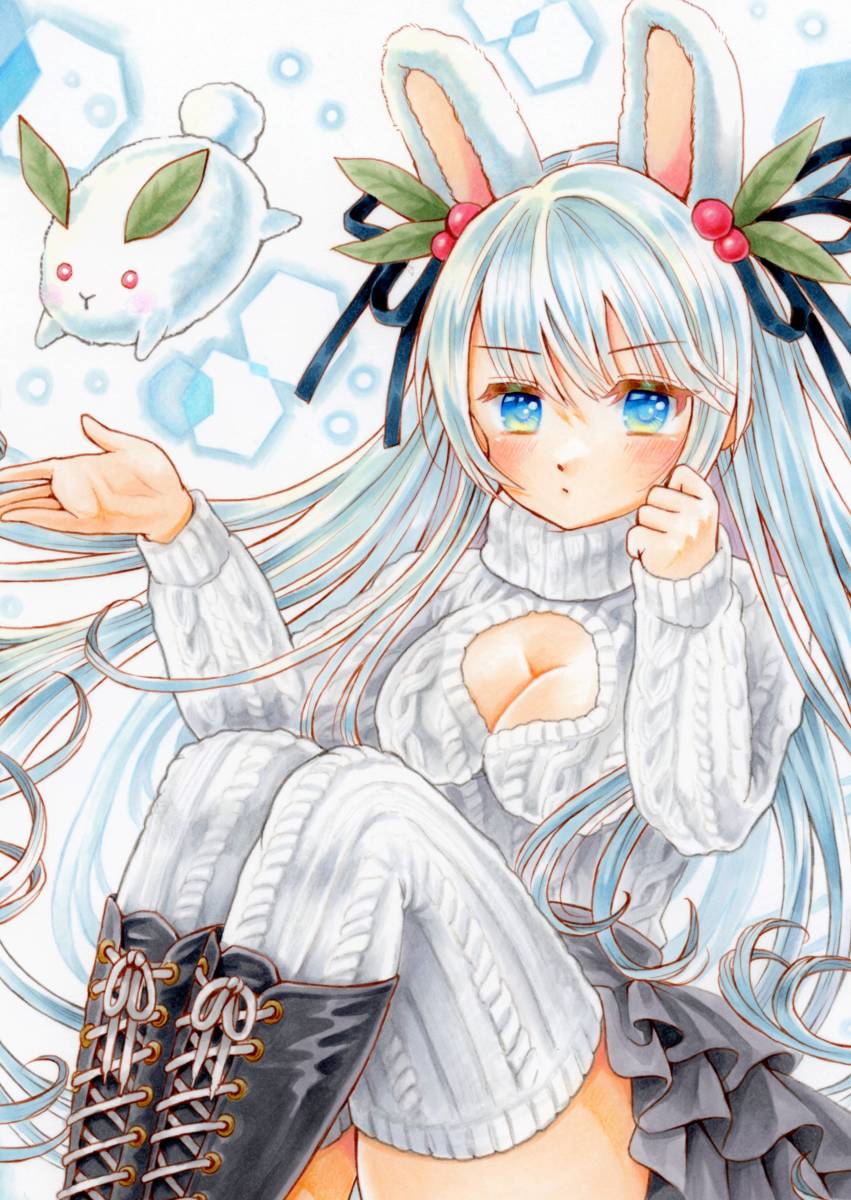 同人手描きイラスト B5 オリジナル 「ケーブルニットの雪ウサギ