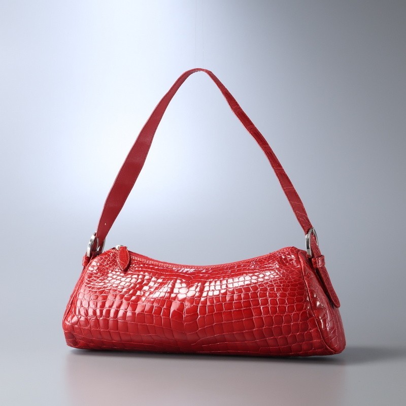 GM9246△伊製*クロコダイルレザー/本ワニ革/センター取り/シャイニングクロコ*ハンドバッグ*ショルダーバッグ*鞄*赤/レッド