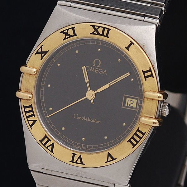 1円 稼働 良品 オメガ コンステレーション 54824498 SS×YG デイト QZ 黒文字盤 メンズ腕時計 0696300 DIT