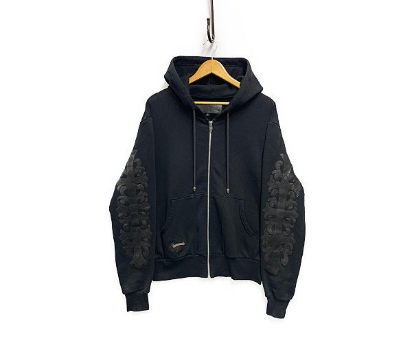 CHROME HEARTS 両袖 フローラル クロス レザーパッチ クロスパッチ ダガー ジップ スウェット パーカー 黒 サイズS 正規品/29979【中古】