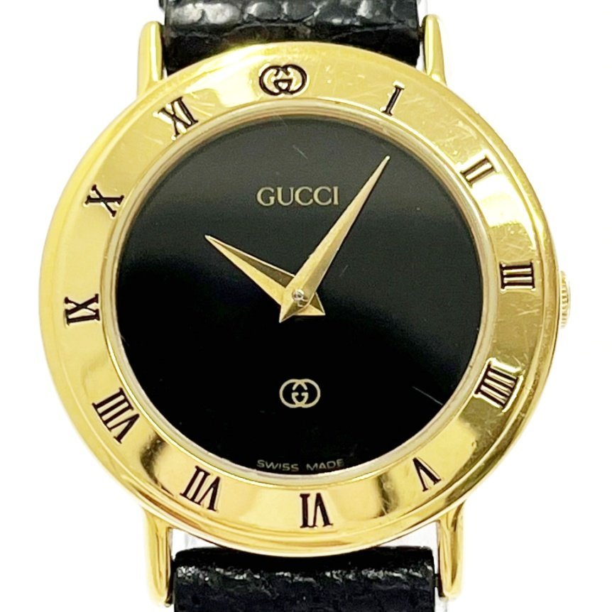 【1円スタート】GUCCI グッチ 3000L GP×レザー ブラック文字盤 クォーツ レディース腕時計 154237