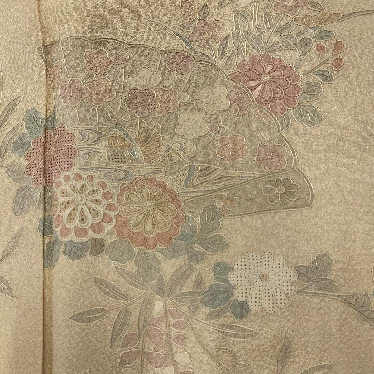 訪問着 秀品 桧扇 花鳥 刺繍 金銀彩 薄オレンジ 袷 身丈159cm 裄丈63.5