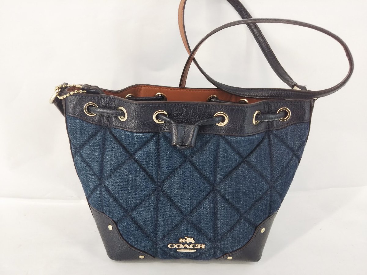 COACH コーチ 巾着 キルティング デニム×レザー 2WAY ショルダーバッグ