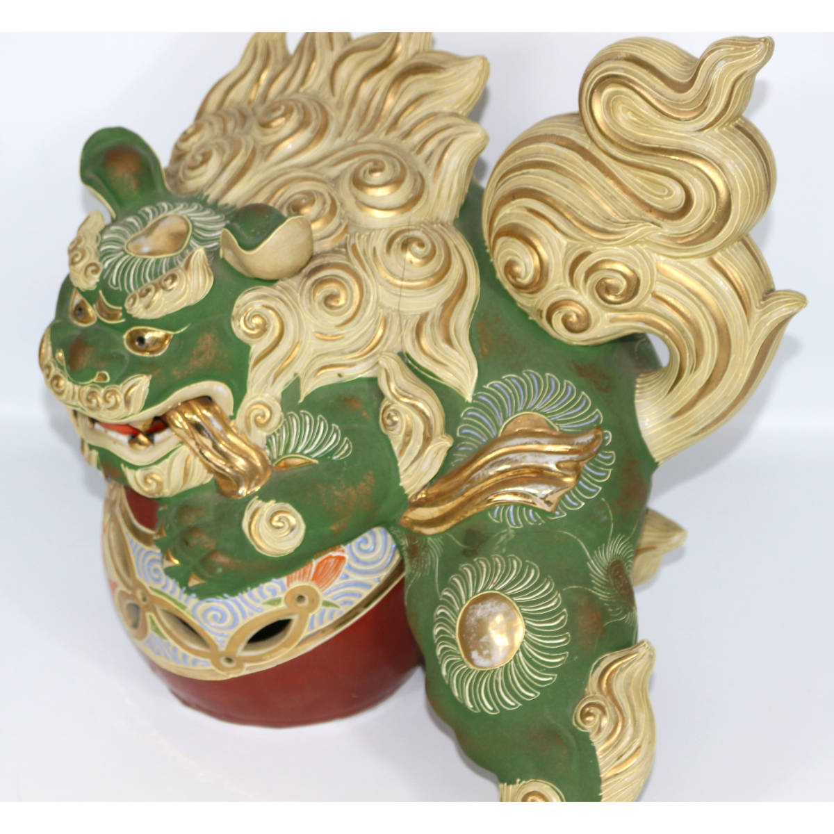 丸谷焼 陶器 獅子の置物 緑・金 九谷焼の獅子の置物 【公式通販】