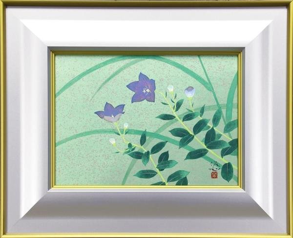 【真作】【WISH】冨田保和「桔梗」日本画 4号 金泥仕様 共シール ◆花逸品 〇師:川端龍子 元青龍社社人 #23033172