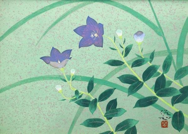 【真作】【WISH】冨田保和「桔梗」日本画 4号 金泥仕様 共シール ◆花逸品 〇師:川端龍子 元青龍社社人 #23033172