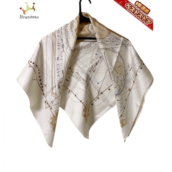 エルメス HERMES カレ90 アイボリー×ブラウン×マルチ La Musique des Spheres/バイオリン柄 美品 スカーフ