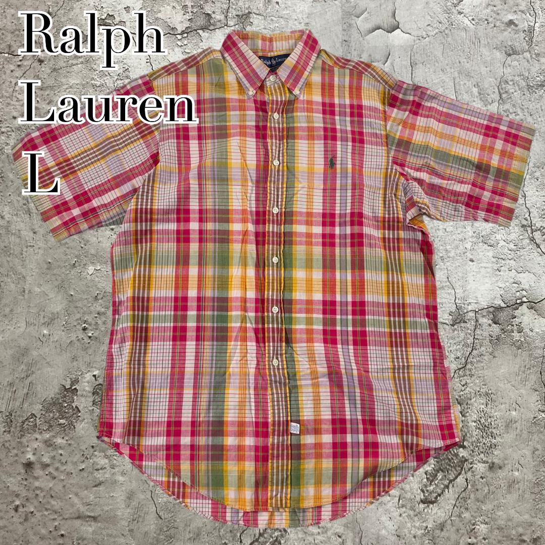 Ralph Lauren ラルフローレン アメカジ チェックデザイン 半袖コットンシャツ 総柄 刺繍ロゴ ユニセックス サイズL タウンユース ...
